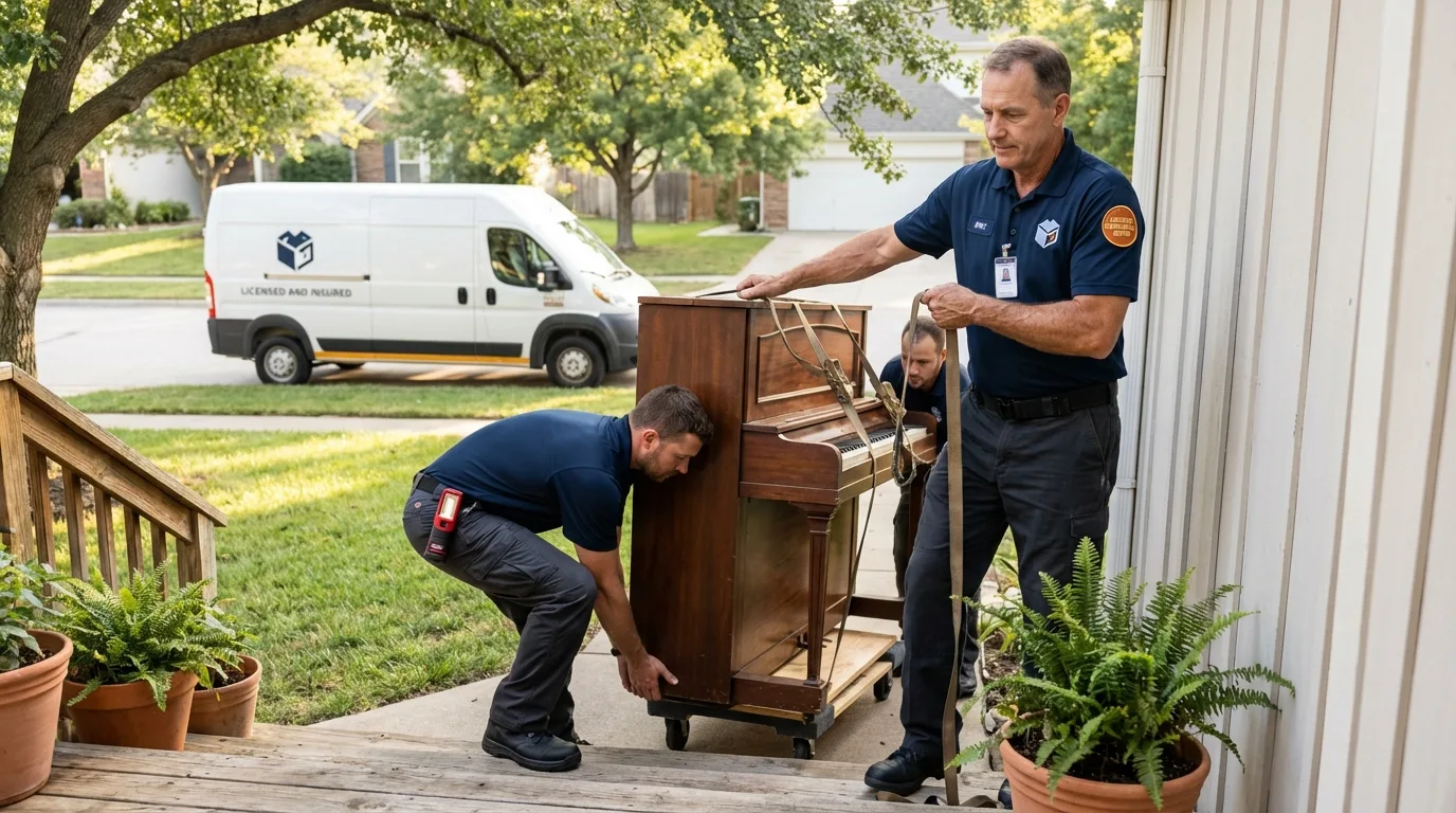 Licensed piano movers securing grand piano in Prattville, AL