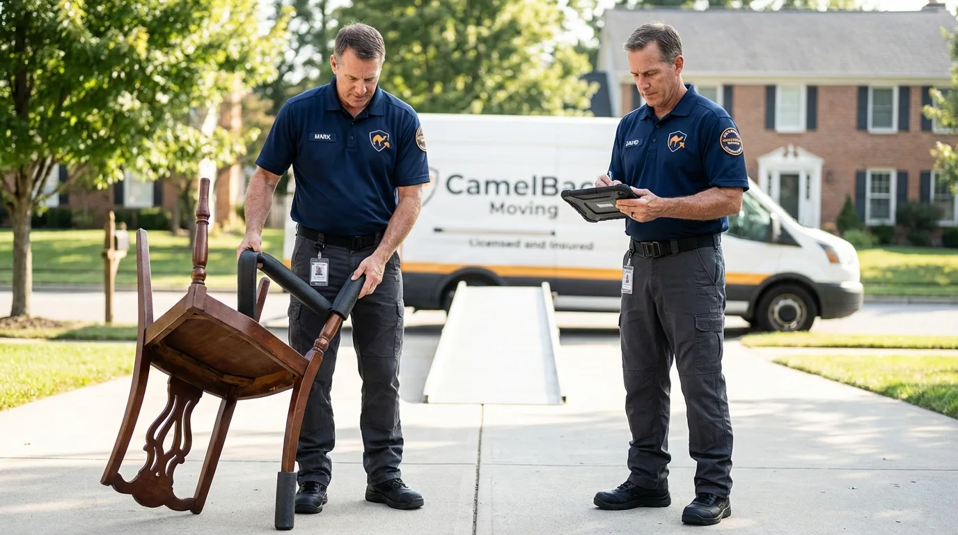 Movers inspecting furniture for damage prevention before loading in Prattville, AL
