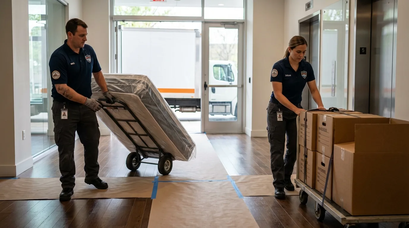 Professional apartment movers loading elevator in Prattville, AL