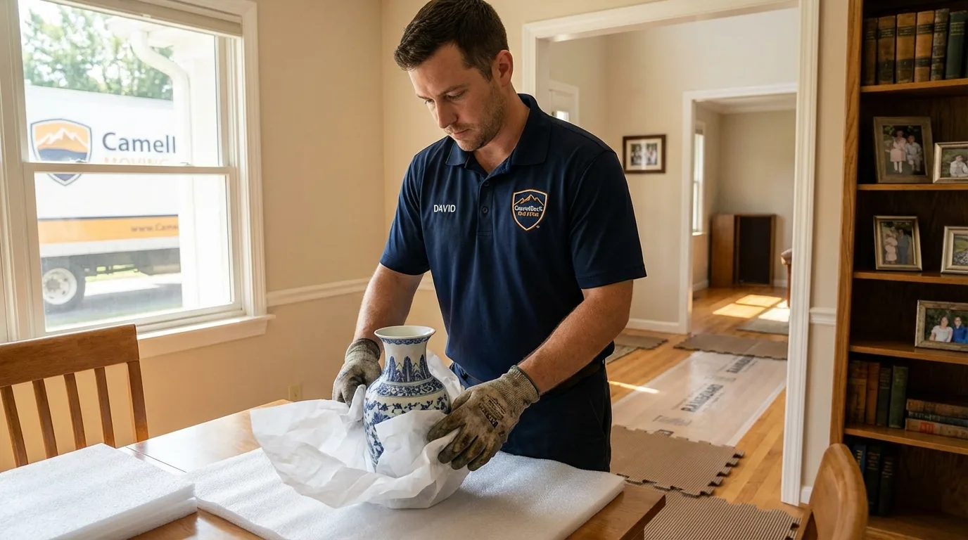 Professional crew carefully wrapping antique vase for senior downsizing move in Prattville, AL